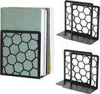 GEOMOD Geometric Honeycomb Black Metal Bookends Decorative - Tall Sturdy Book Ends for Shelves - Modern Heavy Duty Bookend Stopper - Office or Home Book Shelf Book Holder - 6x3.25x6.25 Inches - 2 Pair