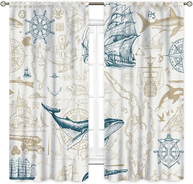 Vintage Nautical Curtains, Marine Coastal Sailboat Compass Anchor Ocean Beach Whale Old Pirate Map Decorative Drapes for Bedroom Living Room Kitchen Bathroom Window 2 Panels Set, 42"x63" Inch
