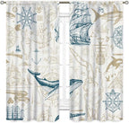 Vintage Nautical Curtains, Marine Coastal Sailboat Compass Anchor Ocean Beach Whale Old Pirate Map Decorative Drapes for Bedroom Living Room Kitchen Bathroom Window 2 Panels Set, 42"x45" Inch