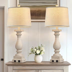 28" Tall Farmhouse Table Lamps with USB C+A Ports and AC Outlet, 3 Way Touch Control Rustic Bedside Lamps for Bedroom, Beige Vintage Nightstand Lamps for Living Room Office