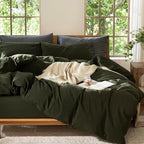 MooMee Bedding Duvet Cover Set 100% Washed Cotton Linen Like Textured Breathable Durable Soft Comfy (Solid Olive Green, Twin 68"x90")