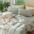 MooMee Bedding Duvet Cover Set 100% Washed Cotton Linen Like Textured Breathable Durable Soft Comfy (Heathered Sage Green, Queen 90"x90")