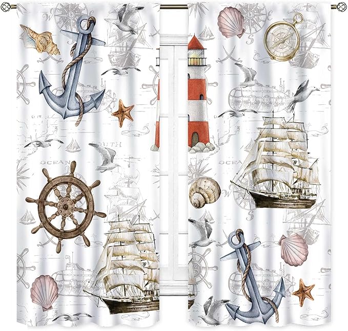 Nautical Kitchen Curtains, Vintage Marine Coastal Sailboat Compass Anchor Ocean Beach Lighthouse Watercolor Decorative Drapes for Bedroom Living Room Kitchen Bathroom Window 2 Panels Set, 42"x45" Inch