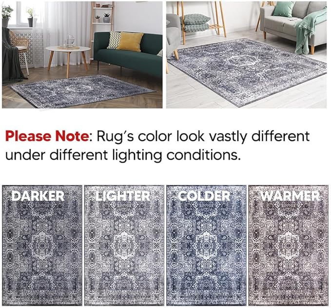 Keen Home Design Area Rugs - Non-Shedding, Thick Pile Abstract Rugs for Kitchen, Living Room, Bedroom, Dining Room, Entryway (Medallion Grey/Blue/Cream, 5'11'' x 9'2'')