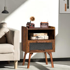 Lerliuo Rattan Nightstand, Boho Side Table with Drawer Open Shelf, Cane Accent Bedside End Table with Solid Wood Legs for Bedroom, Dorm and Small Spaces (Brown)