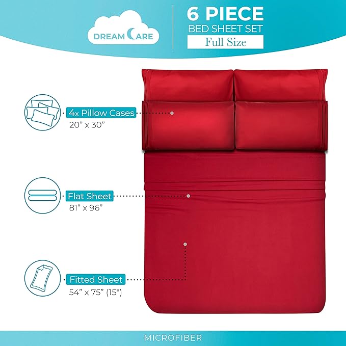 DREAMCARE Sheets Full Size Bed - Cooling Bed Sheets - 6pcs Set - Full Sheet Set - Full Size Sheets - Full Size Sheet Sets Soft & Long Lasting 100% Fine Brushed Polyester with Side Pocket - Burgundy