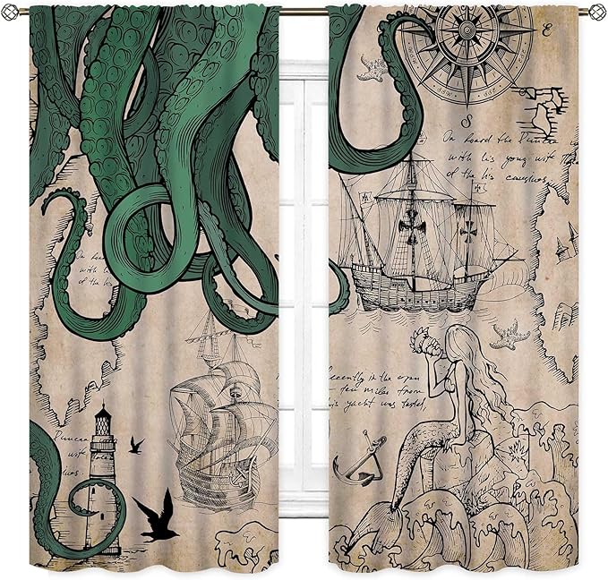 Nautical Octopus Curtains, Coastal Old Pirate Map Sailboat Compass Vintage Magic Ocean Kraken Octopus Tentacles Window Drapery Treatment for Bedroom Living Room Kitchen Bathroom 2 Panels, 42"x54" Inch