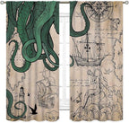 Nautical Octopus Curtains, Coastal Old Pirate Map Sailboat Compass Vintage Magic Ocean Kraken Octopus Tentacles Window Drapery Treatment for Bedroom Living Room Kitchen Bathroom 2 Panels, 63"x72" Inch