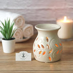 Hosley Elegant Ceramic Oil Warmers with Leaf Pattern and Speckle Design 4.5 Inches High Tealight Compatible for Aromatherapy and Home Decor Set of 6
