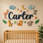 Custom Nursery Name Sign with Themed Decor Kit | Personalized Wooden Wall Art for Baby, Kids Room | Space, Jungle, Circus, Under The Sea, Woodland, Rainbow (20", Jungle/Safari)