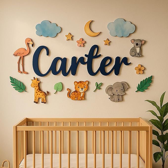 Custom Nursery Name Sign with Themed Decor Kit | Personalized Wooden Wall Art for Baby, Kids Room | Space, Jungle, Circus, Under The Sea, Woodland, Rainbow (10", Jungle/Safari)