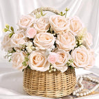BLEUM CADE 50 Pcs Champagne Roses Artificial Flowers, Real Touch Velvet Roses Fake Flowers Bulk, Artificial Roses Bouquet with Long Stems Bridal DIY Wedding Party Centerpiece Decorations