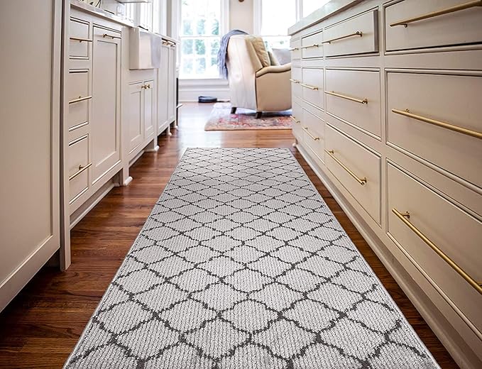 Custom Size Modern Runner Rug Carpet for Hallway Entryway Foyer Kitchen, Slip Resistant Latex Rubber Backed 31 inch Wide X Customized Length, Trellis Grey, 31 inch X 27 feet