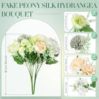 Tigeen Artificial Flowers Artificial Peonies Silk Flowers Faux Peony Fake Peony Silk Hydrangea Bouquet for Wedding Table Centerpiece Floral Vase Decor (White,Green,12 Bundles)