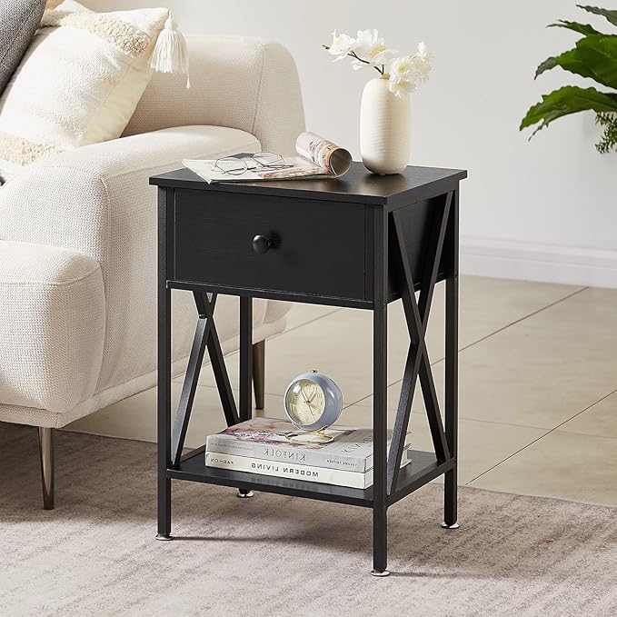 VECELO Nightstands Set of 2, Modern Bedside End Tables, Night Stands with Drawer and Storage Shelf for Living Room Bedroom, Industrial Metal Frame