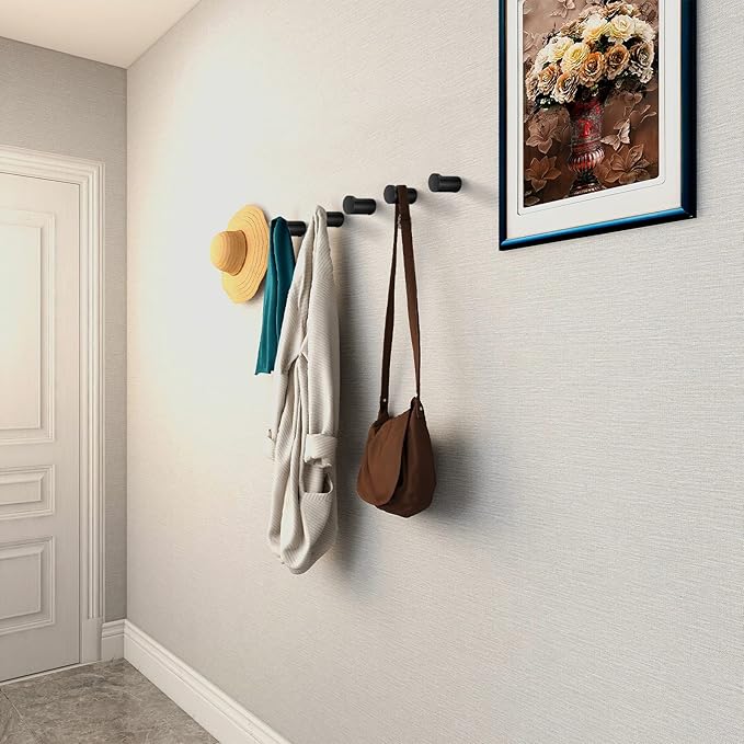 12 Pack Wood Wall Hooks, Black Decorative Coat Hooks Wall Mounted, Heavy Duty Entryway Hat Hooks Wall Hangers for Hanging Purse, Towels, Clothes, Backpack