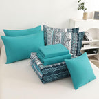 Cottolester Boho King Size Comforter Set 8 Pieces, Teal Comforter Bohemian Striped Bed in A Bag, Soft Microfiber Bedding Set for All Seasons