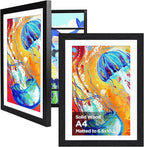 KINLINK A4 Kids Art Frames Set of 2, Solid Wood Kids Artwork Frames Changeable with Acrylic Front Opening Holds 150 Pictures 8.3x11.7, Art Frame for Kids Artwork with Mat or without Mat, Black