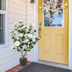 GOFLAME 3FT Artificial Camellia Tree, 2 Pack Faux Camellia Plant with White Flowers, Solid Wood Trunk, Realistic Moss, Greenery Potted Decoration Tree for Indoor Outdoor Home Porch Front Door