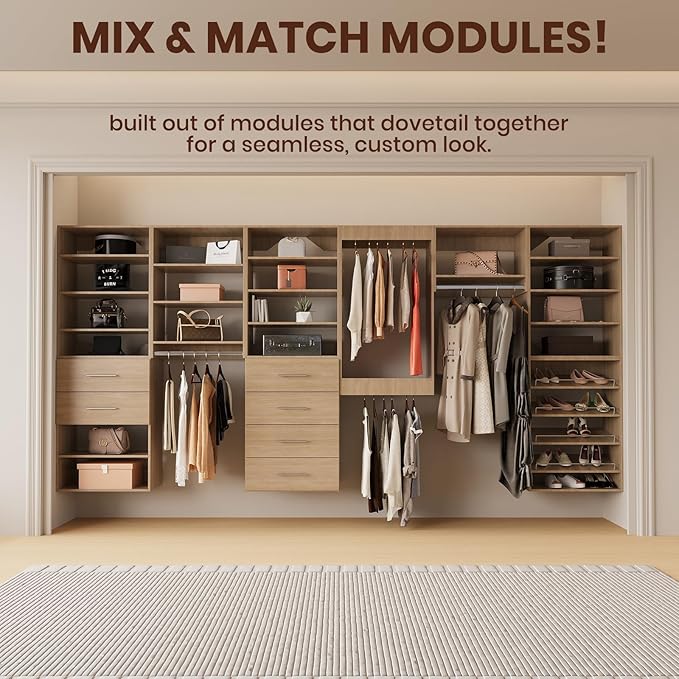 ROOMTEC 25.5" 4 Drawer Short Tower Closet Unit, Modular Closet System with Drawers and Shelf, Wardrobe Organizer for Bedroom or Walk-in Closet, Wall Mounted, Customizable Clothes Storage Unit, Wood