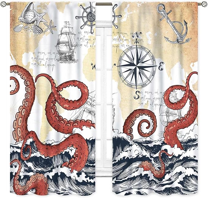 Nautical Octopus Curtains, Coastal Old Pirate Map Sailboat Compass Ocean Wave Kraken Octopus Tentacles Vintage Window Drapery Treatment for Bedroom Living Room Kitchen Bathroom 2 Panels, 42"x45" Inch