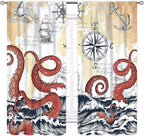 Nautical Octopus Curtains, Coastal Old Pirate Map Sailboat Compass Ocean Wave Kraken Octopus Tentacles Vintage Window Drapery Treatment for Bedroom Living Room Kitchen Bathroom 2 Panels, 63"x63" Inch