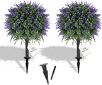 27.2" Artificial Lavender Topiary Set of 2 with Spike, Fake Plants Boxwood Balls Greenery Shrubs , Uv Resistant Artificial Push in Flowers Bushes for Outdoor Front Porch Decor, Home Faux Plants Indoor