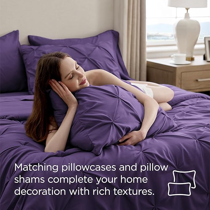 Bedsure King Size Comforter Set Purple - Bed in a Bag Bedding Set 7 Pieces, GentleSoft™ Pintuck Bed Set Gift for Family, Pinch Pleat Purple Comforter with Sheets, Pillowcases & Shams