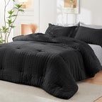 HYMOKEGE Black/Light Grey Full Size Comforter Sets Seersucker 7 Pieces, All Season Luxury Bed in a Bag for Bedroom, Bedding Set with Comforter, Sheets, Pillowcases & Shams