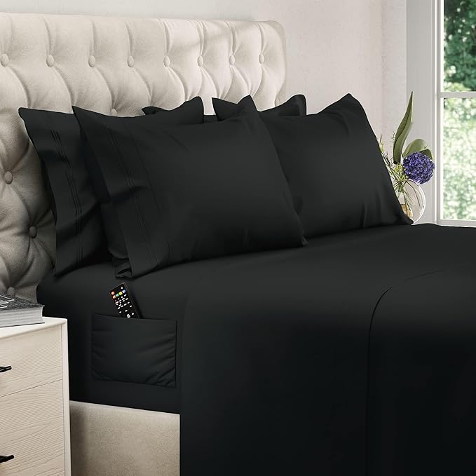 DREAMCARE Queen Sheet Set – 6 pcs Cooling Bed Sheets – up to 15” Deep Sheets Queen Size Bed Set – 2500 Supreme Collection – Extra Soft 100% Brushed Microfiber Hotel Luxury with Side Pocket – Black