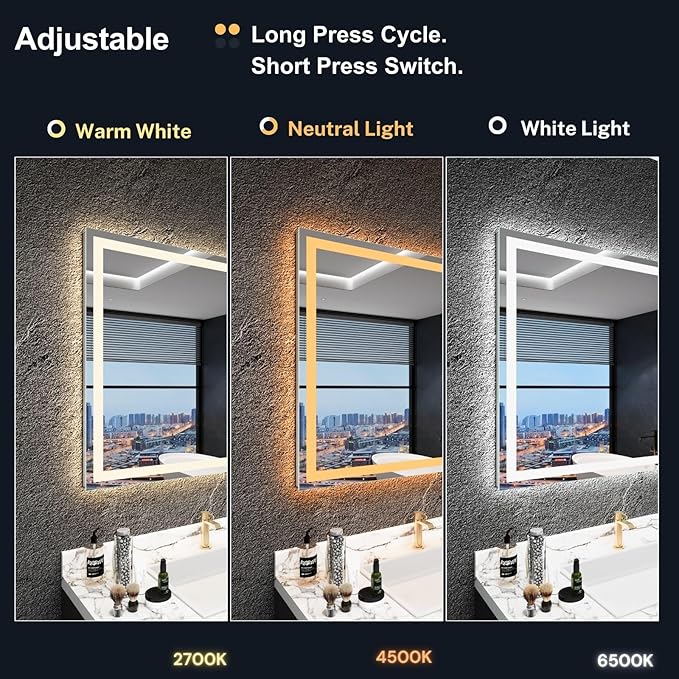 LED Bathroom Mirror 55"x 30",Front Lit and Backlit Bathroom Mirror with Lights,Stepless Dimmable,Anti-Fog, Shatter-Proof, Memory, 3 Colors Lighted Vanity Mirror (Horizontal/Vertical)