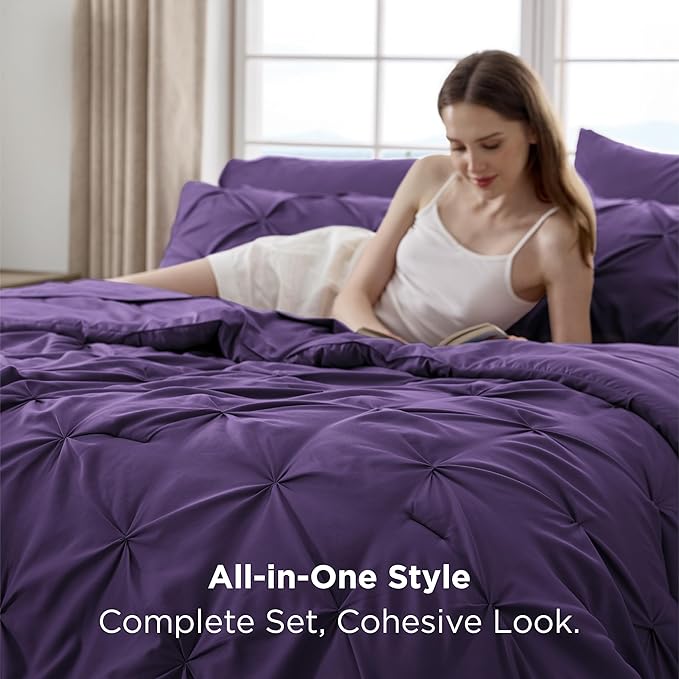 Bedsure King Size Comforter Set Purple - Bed in a Bag Bedding Set 7 Pieces, GentleSoft™ Pintuck Bed Set Gift for Family, Pinch Pleat Purple Comforter with Sheets, Pillowcases & Shams
