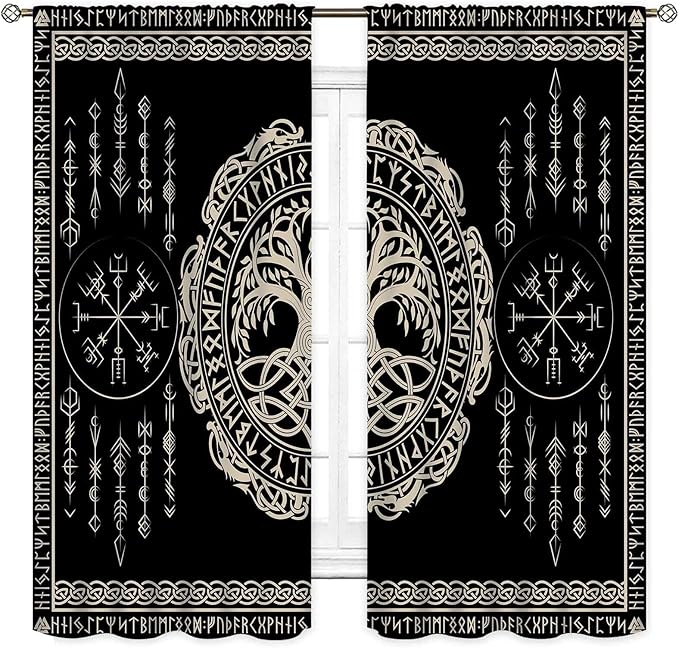Viking Curtains, Nordic Tree of Life Celtic Rune Scandinavian Gothic Norse Mythology Aesthetic Retro Drapery for Bedroom Living Room Bathroom Window 2 Panel Set, 42"x54" Inch