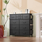 10 Drawer Dresser, Chest of Drawers for Bedroom, Fabric Dresser Drawers with Side Pockets, Hooks, Wooden Top and Sturdy Metal Frame for Living Room, Closet, Hallway, Nursery (Grey)