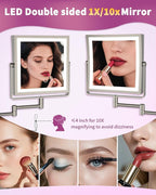 Rechargeable Wall Mounted Makeup Mirror with Lights, 4000mAh Double Sided 1X/10X Magnifying Vanity Mirror with 3 Color Lights, Touch Dimmable, 360° Extension Foldable Arm(Brushed Nickel）