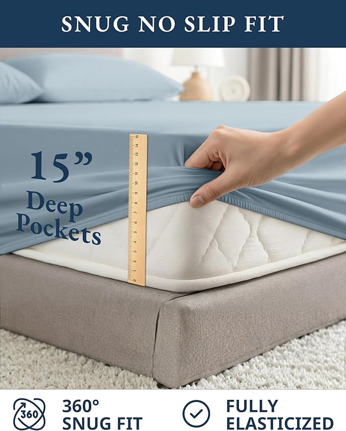 LANE LINEN 100% Organic Cotton Eco Friendly Sustainably Produced Queen Sheets Set, Low Pill Fade Resistant Machine Wash Fully Elasticized Cotton Bedding Queen Set- French Blue