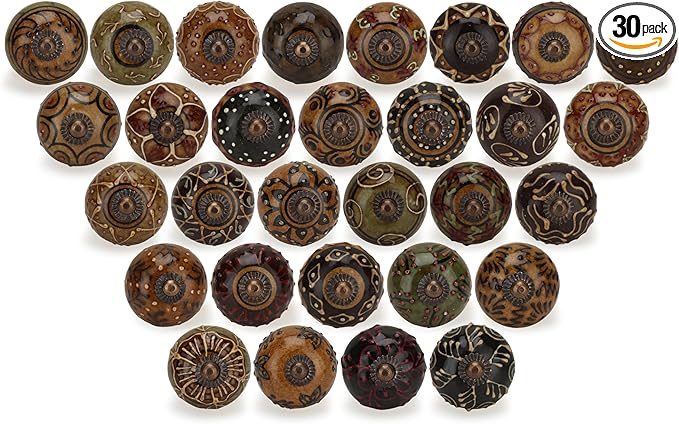 Dresser Knobs for Cabinets and Drawers Assorted, Dusty Ceramic Knob & Pull Handle for Kitchen Brown Cupboard Wardrobe Decorative Furniture Knobs - Pack of 30, (Dark Brown)