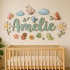 Custom Nursery Name Sign with Themed Decor Kit | Personalized Wooden Wall Art for Baby, Kids Room | Space, Jungle, Circus, Under the Sea, Woodland, Rainbow (60", Fairy Garden)