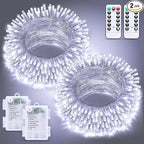 JMEXSUSS 2 Pack White Battery Operated Christmas String Lights, Each 33ft 100 LED Wedding Lights Outdoor Indoor, with 8 Modes Remote Waterproof