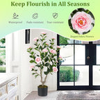GOFLAME 3FT Artificial Camellia Tree, 2 Pack Faux Camellia Plant with Pink Flowers, Solid Wood Trunk, Realistic Moss, Greenery Potted Decoration Tree for Indoor Outdoor Home Porch Front Door