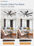 ZMISHIBO 72 inch Large Ceiling Fans with Lights and Remote, Indoor/Outdoor Black Modern Ceiling Fan for Kitchen Living Room Patio, 6 Speed Reversible Quiet DC Motor, 3 CCT, Dual Finish 8 Blades