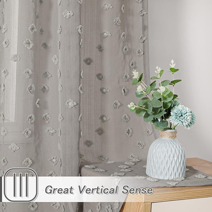 MYSKY HOME Pom Pom Grey Sheer Curtains for Bedroom Girls Room Curtains 63 inch Length for Nursery Kids Light Filtering Boho Window Drapes, Rod Pocket, 52" Wide, 2 Panels