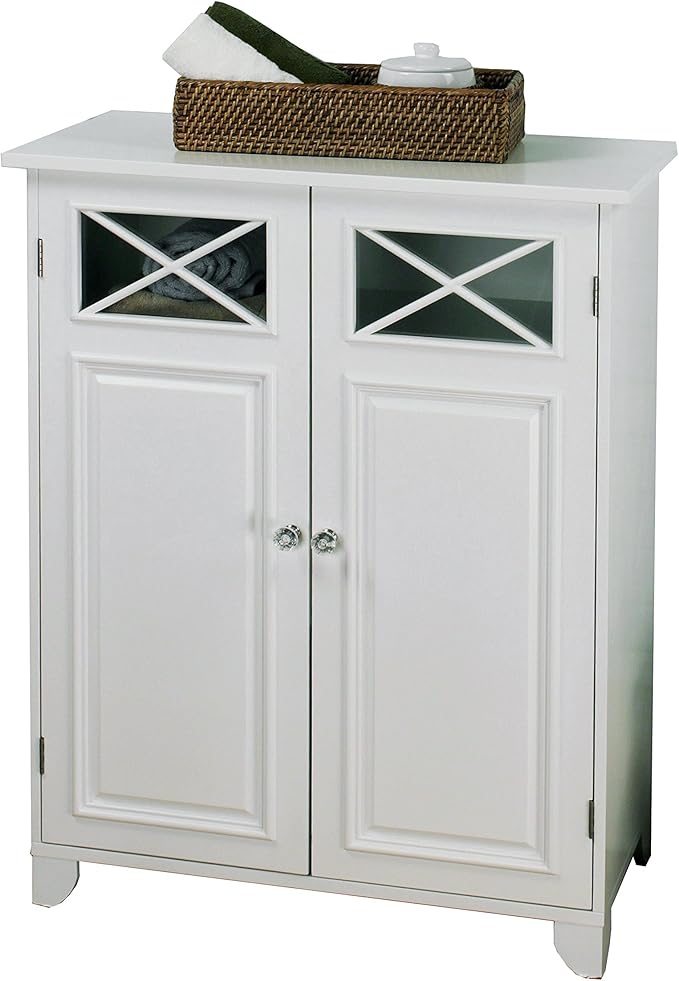 Teamson Home Dawson Wooden Freestanding Floor Cabinet with 1 Fixed 1 Adjustable Shelves 3 Storage Spaces 2 Glass Paneled Doors and 2 Clear Knobs, White