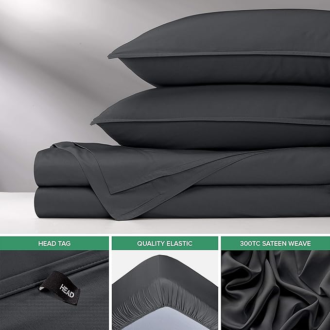 Queen Sheets by Pure Bamboo, Genuine 100% Organic Viscose Derived from Bamboo Bed Sheet Set, Luxuriously Soft & Cooling, Double Stitching, Lifetime Quality Promise (Queen, Charcoal)