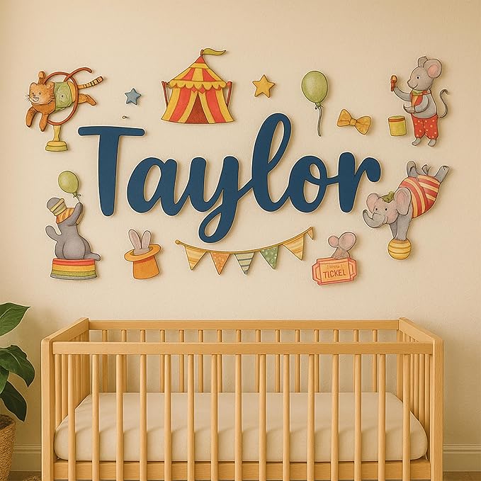 Custom Nursery Name Sign with Themed Decor Kit | Personalized Wooden Wall Art for Baby, Kids Room | Space, Jungle, Circus, Under the Sea, Woodland, Rainbow (40", Circus)