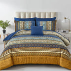 Cottolester Boho Comforter Set Full Size 8 Pieces,Brown Blue Bohemian Comforter Paisley Striped Bed in A Bag,Soft Microfiber Bedding Set for All Season