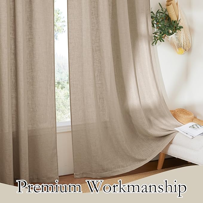 RYB HOME Linen Sheer Curtains for Small Window, Airy Breathable Absorbent Curtains & Drapes, Light Filter Half Privacy Protect for Study Room Office, Length 63 by Width 52 inch, 2 Panels, Khaki
