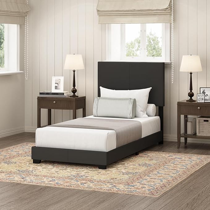 Furinno Pessac Upholstered Bed Frame, Black PU Leather, Twin XL