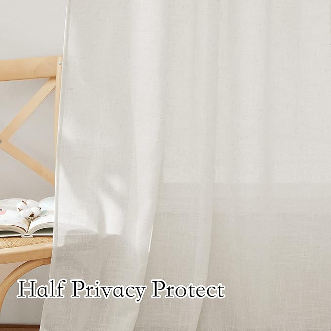 RYB HOME Linen Flax Curtains 84 inches Long, Absorbent Linen Woven Half Privacy Light Filtering Drapes Semi Sheer Curtains for Living Room Bedroom Home Office Patio, 52 W x 84 L, 2 Panels