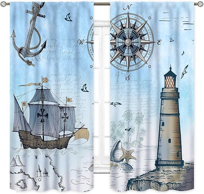 Nautical Curtains, Vintage Marine Coastal Sailboat Compass Anchor Ocean Beach Lighthouse Watercolor Blue Decorative Drapes for Bedroom Living Room Kitchen Bathroom Window 2 Panels Set, 42"x63" Inch